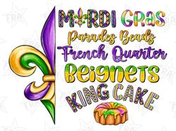 Mardi Gras parades beads french quarter beignets king cake png sublimation design download, Mardi Gras png, sublimate de