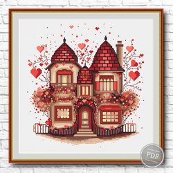 Cross stitch Valentine's Day, romantic cross stitch pattern, sweet house, magical, Heart embroidery, download PDF 417