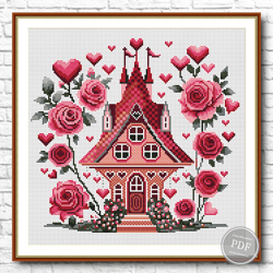 Cross stitch pattern Heart, Cute House, Magic, Cross Stitch Flowers. Roses Embroidery. PDF 421