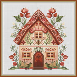 Cross stitch pattern Sweet Home, Flowers. Red Scandinavian house cross stitch. Cottage flowers. Instant download PDF 436