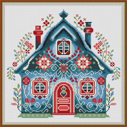 Cross stitch pattern Sweet Home, Flowers. Blue Scandinavian house cross stitch. Cottage flowers Instant download PDF 437