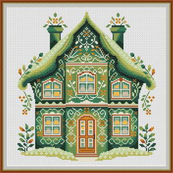 Cross stitch pattern Sweet Home, Flowers. Green Scandinavian house cross stitch. Cottage flowers PDF 438