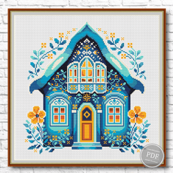 Cross stitch pattern Sweet Home, Flowers. Turquoise Scandinavian house cross stitch. Cottage flowers. PDF 439