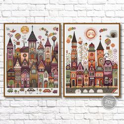 Set 2 Pattern Cross Stitch Fairytale City, Cross Stitch fairytale Houses, Vintage Cross Stitch, PDF 444