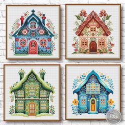 Cross stitch Set 4 patterns Sweet Home, Flowers. Scandinavian houses cross stitch. Cottage flowers. PDF 440