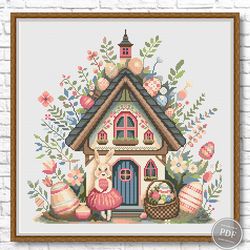 Easter cross stitch pattern. Easter House, Easter Bunny, Spring Cross Stitch. Instant Download. Digital File PDF 441