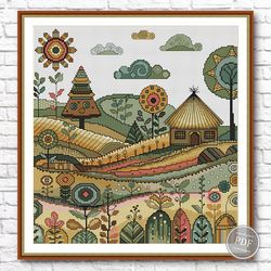 Cross Stitch Pattern Village. Cross stitch nature. Fairy Forest Embroidery. Cross stitch seasons. Modern cross stitch PD