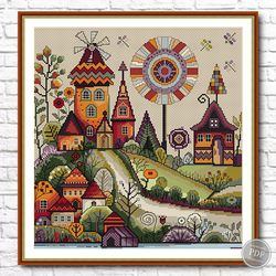 Cross stitch pattern. Village houses. Summer cross stitch. Modern cross stitch. Instant download PDF file 450