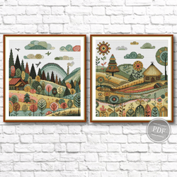 Cross stitch Set 2 patterns. Village houses. Cross Stitch Autumn. Landscape Embroidery. Modern cross stitch PDF file 453