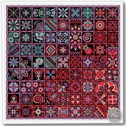 Cross Stitch Pattern Patchwork - Swatch Blue-red - Geometric Squares - Ethnic Folk Art Design PDF Scoreboard 463