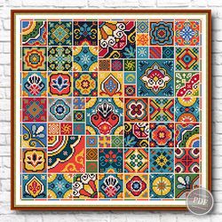 Geometric Cross Stitch Pattern. Decorative Tiles With Geometric Squares 5. Motley Patchwork. Quaker Cross Stitch PDF 423