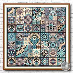 Cross stitch pattern. Decorative tiles with geometric squares 1. Turquoise Patchwork - Ethnic Folk Art PDF 427