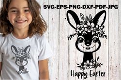 Easter Bunny SVG  Cut File Rabbit  with Flowers Vector Floral cricut template for laser cutting hand drawn eps dxf
