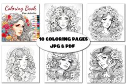 Anti-stress coloring book with girls with flowers for adults
