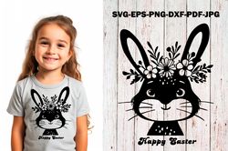 Easter Bunny SVG Cut File Rabbit with Flowers Vector Floral cricut template for laser cutting hand drawn eps dxf