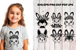 Cute Easter Bunny SVG Cut File Rabbit with Flowers Vector Floral cricut template for laser cutting hand drawn eps dxf