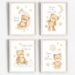 teddy bear nursery print,set of 4,bear nursery decor,nursery wall decor,baby boy print,new baby printable,brown nursery