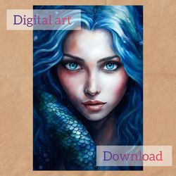 Digital postcard of a mermaid with blue hair