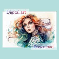 Digital postcard, watercolor drawing Mermaid, postcard for printing
