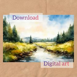 watercolor landscape, river, digital postcard for download and printing