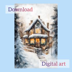 Watercolor drawing of the winter house, digital postcard