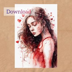 Watercolor Drawing Valentine's Day Greeting card, digital postcard for download