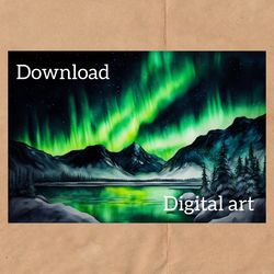 Watercolor drawing of the northern lights, digital postcard for instant download
