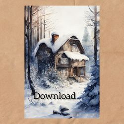Watercolor drawing of the winter house, digital postcard for download