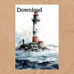 Watercolor painting lighthouse, digital postcard for instant download