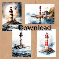 Set Watercolor painting lighthouse, digital postcard for instant download