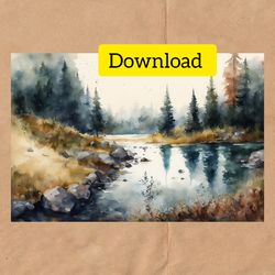 watercolor landscape, river in a coniferous forest, instant download
