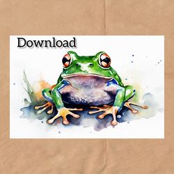 Watercolor frog drawing, digital postcard instant download