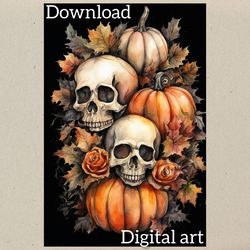 Pumpkins and Skulls Halloween greeting card, digital postcard instant download