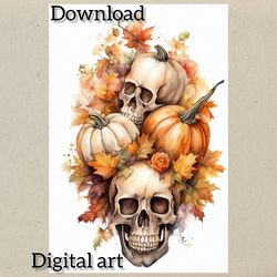 Pumpkins and Skulls Halloween greeting card, digital postcard instant download