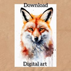Watercolor drawing of a fox, digital postcard instant download