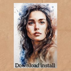 Watercolor portrait of a girl, digital postcard instant download