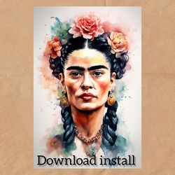 Watercolor portrait of Frida Kahlo, digital postcard instant download