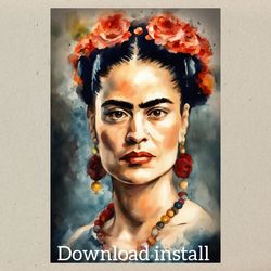Watercolor portrait of Frida Kahlo, digital postcard instant download