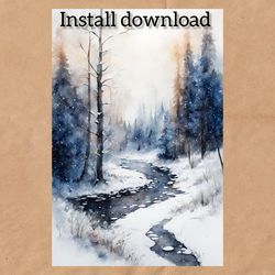 Watercolor winter landscape, digital postcard instant download