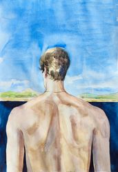 Handsome Curly Man Guy on the Beach Bay Watercolor Wall Art Interior Original Painting Portrait