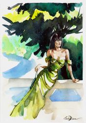 Original Watercolor Beautiful Woman in Green Dress Summer Fashion Wall Art Painting Female Interior