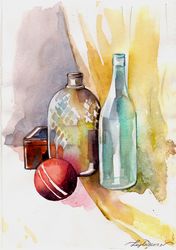 Original Watercolor Bottles Vases Still LIfe Kitchen Painting Wall Art