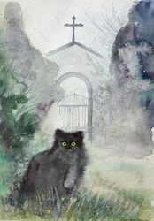 Original Black Cat Wall Art Gothic Aesthetic Dark Beautiful Watercolor Painting