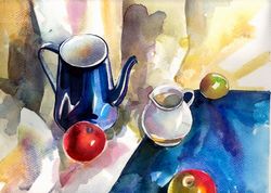 Original Still life Fruits Cups Teapot Kitchen Watercolor Wall art Painting