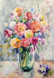 Original Bouquet Painting Flowers Floral Painting Original Roses Modern Painting Wall Art Clear Vase