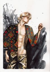 Original Handsome Blonde Man Guy Portrait Painting Wall Art Kimono Asian Fashion Cloth