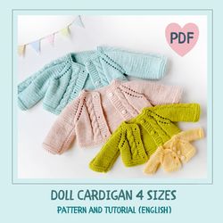 DIY Knitted cardigan for Waldorf dolls. 4 sizes. PDF knitting pattern and tutorial.