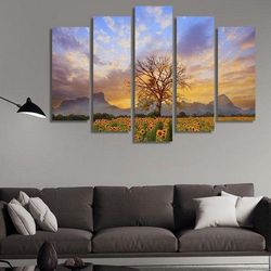 bare tree in a sunflower field nature 5 pieces canvas wall art, large framed 5 panel canvas wall art