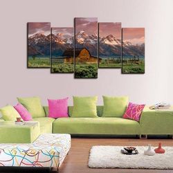 Barn In The Mountains 01 Nature 5 Pieces Canvas Wall Art, Large Framed 5 Panel Canvas Wall Art