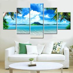 beach blue landscape nature 5 pieces canvas wall art, large framed 5 panel canvas wall art